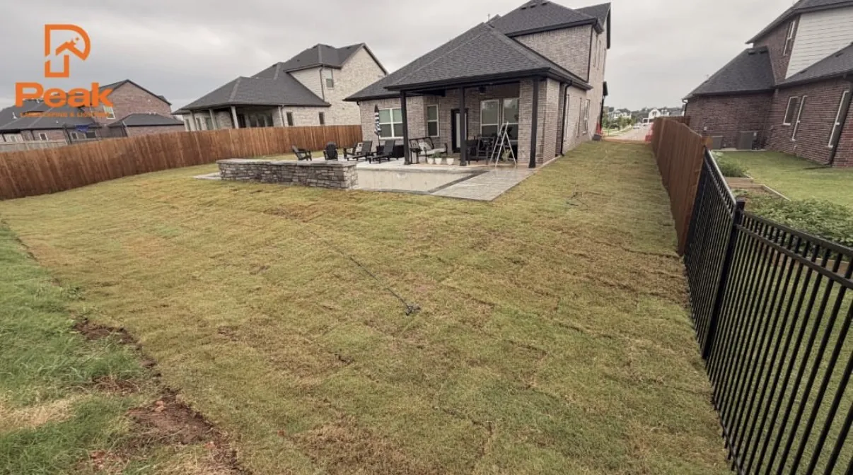 Back yard laid with fresh sod running up to a covered patio and a stone seat wall behind an iron fence